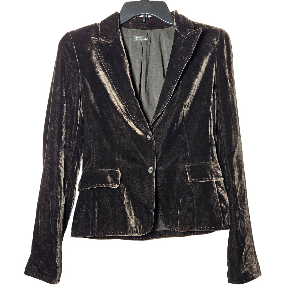 Tahari Womens Brown Silk Blend Velvet Blazer Jacket XS Victorian Regency Holiday